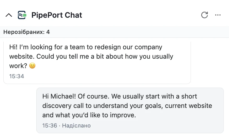 Панель PipePort Chat у Pipedrive: листування з клієнтом і лічильник нерозібраних